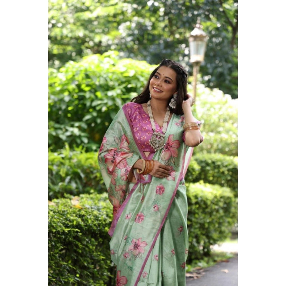 Generic Women's Faux_Tussar Floral_Print Saree With Unstitched Blouse 5.5Mtr (Light_Green)