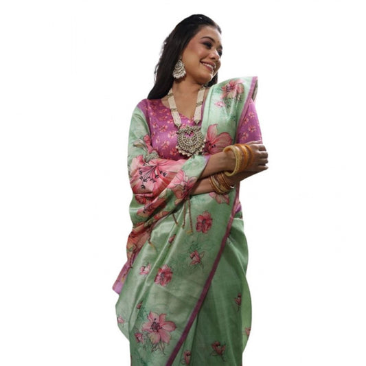 Generic Women's Faux_Tussar Floral_Print Saree With Unstitched Blouse 5.5Mtr (Light_Green)
