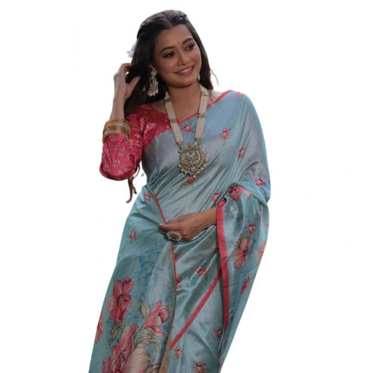 Generic Women's Faux_Tussar Floral_Print Saree With Unstitched Blouse 5.5Mtr (Sky_Blue)