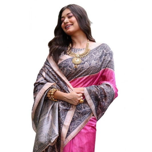 Generic Women's Faux_Tussar Ethnic_Print Saree With Unstitched Blouse 5.5Mtr (Pink)