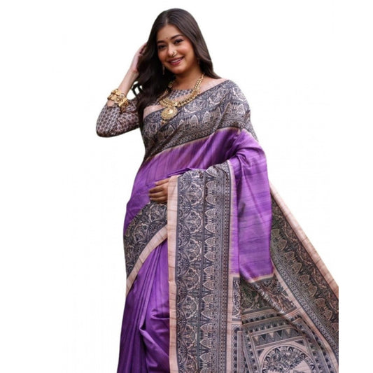 Generic Women's Faux_Tussar Ethnic_Print Saree With Unstitched Blouse 5.5Mtr (Purple)