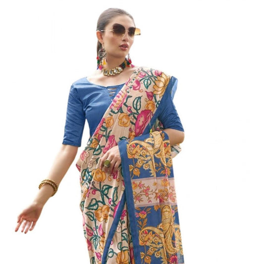 Generic Women's Faux_Tussar Kalamkari_Print Saree With Unstitched Blouse 5.5Mtr (Blue)