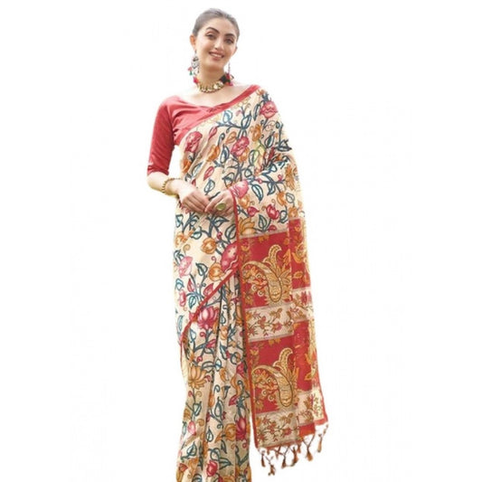 Generic Women's Faux_Tussar Kalamkari_Print Saree With Unstitched Blouse 5.5Mtr (Red)