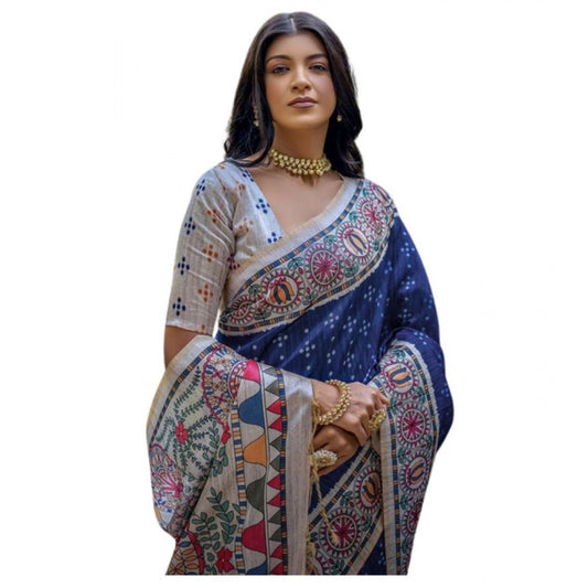 Generic Women's Faux_Tussar Geometric_Print Saree With Unstitched Blouse 5.5Mtr (Blue)