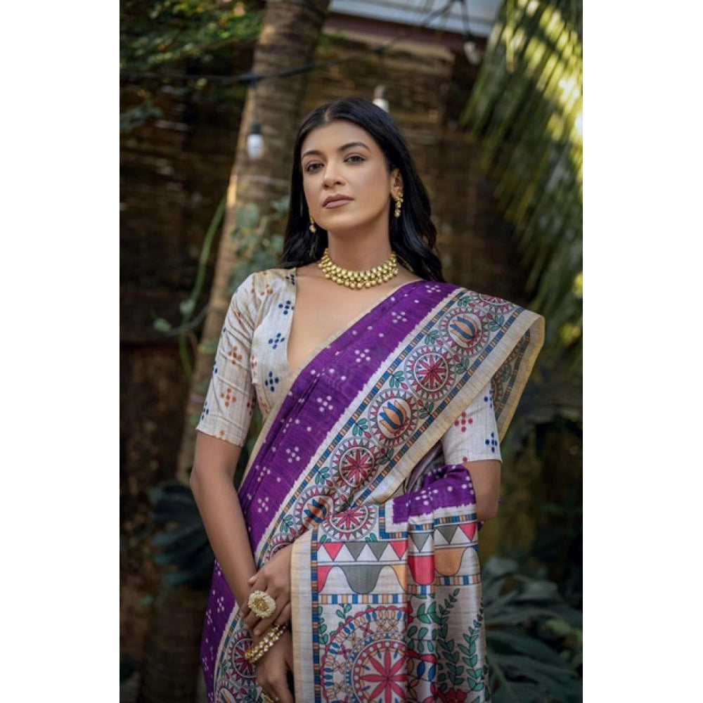 Generic Women's Faux_Tussar Geometric_Print Saree With Unstitched Blouse 5.5Mtr (Purple)