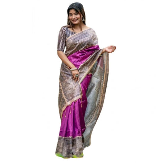 Generic Women's Faux_Tussar Geometric_Print Saree With Unstitched Blouse 5.5Mtr (Purple)