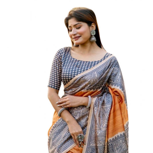 Generic Women's Faux_Tussar Geometric_Print Saree With Unstitched Blouse 5.5Mtr (Rust)