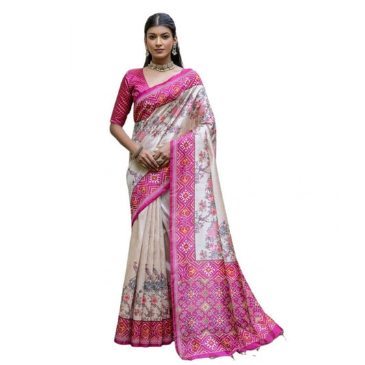 Generic Women's Faux_Tussar Floral Jal With Patola Print Saree With Unstitched Blouse 5.5Mtr (Pink)