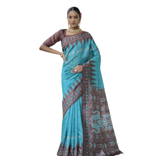 Generic Women's Faux_Tussar Ikat Saree With Unstitched Blouse 5.5Mtr (Aqua_Blue)