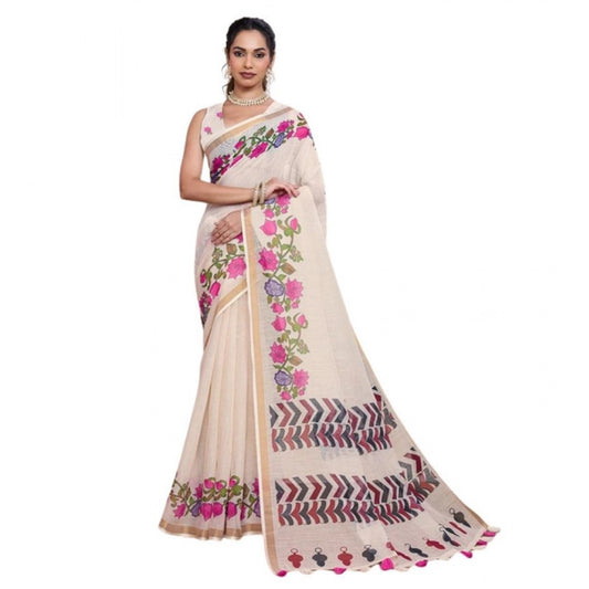 Generic Women's Linen Floral Printed Saree With Unstitched Blouse 5.5Mtr (Cream)