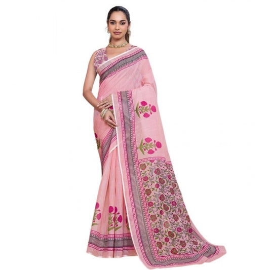 Generic Women's Linen Floral Printed Saree With Unstitched Blouse 5.5Mtr (Pink)
