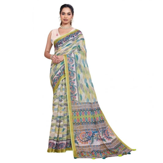 Generic Women's Linen Floral Printed Saree With Unstitched Blouse 5.5Mtr (Pista Green)