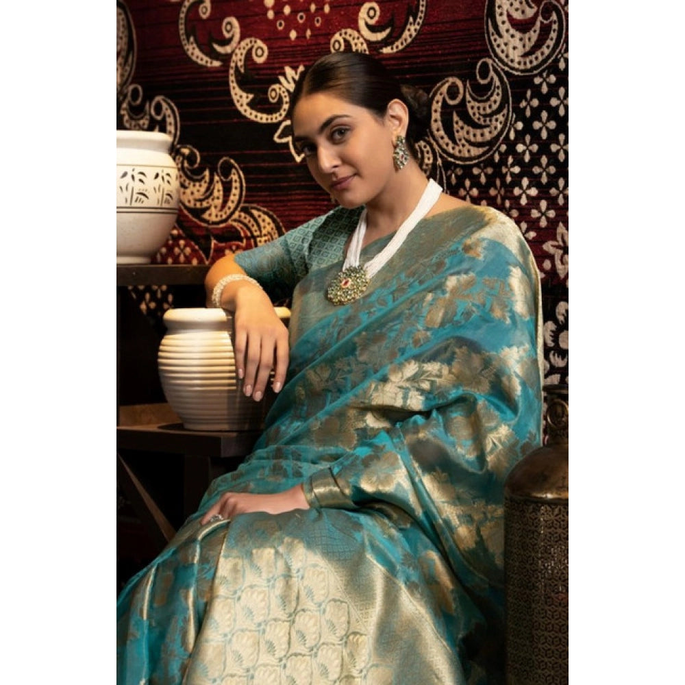 Generic Women's Organza Woven Saree With Unstitched Blouse 5.5Mtr (Light_Blue)