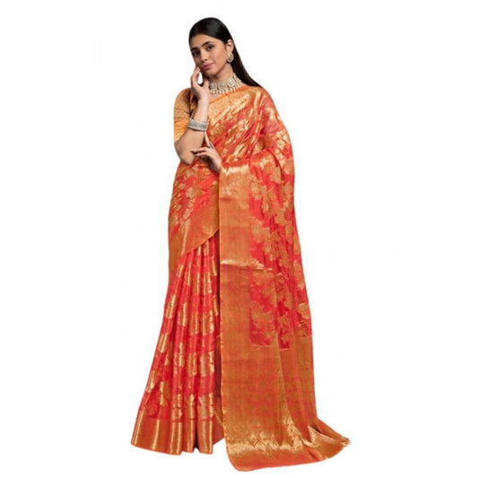 Generic Women's Organza Woven Saree With Unstitched Blouse 5.5Mtr (Red)