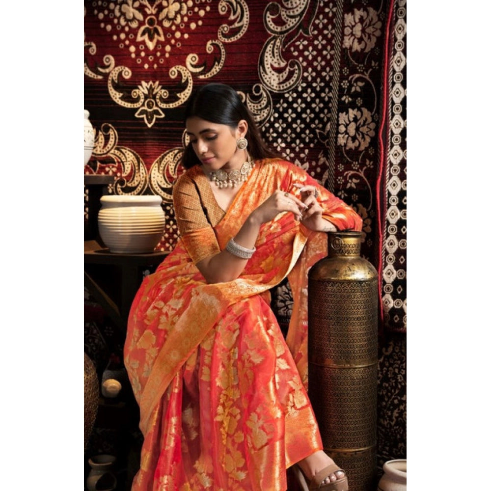 Generic Women's Organza Woven Saree With Unstitched Blouse 5.5Mtr (Red)