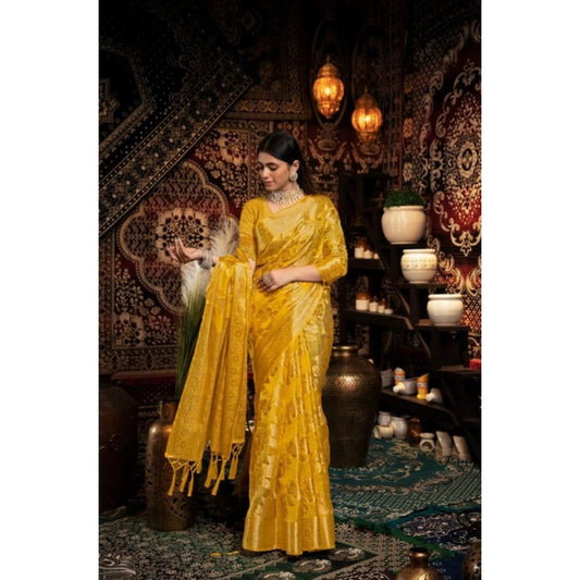 Generic Women's Organza Woven Saree With Unstitched Blouse 5.5Mtr (Yellow)