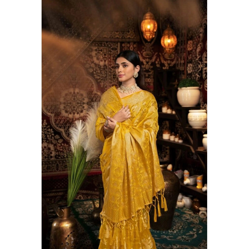 Generic Women's Organza Woven Saree With Unstitched Blouse 5.5Mtr (Yellow)