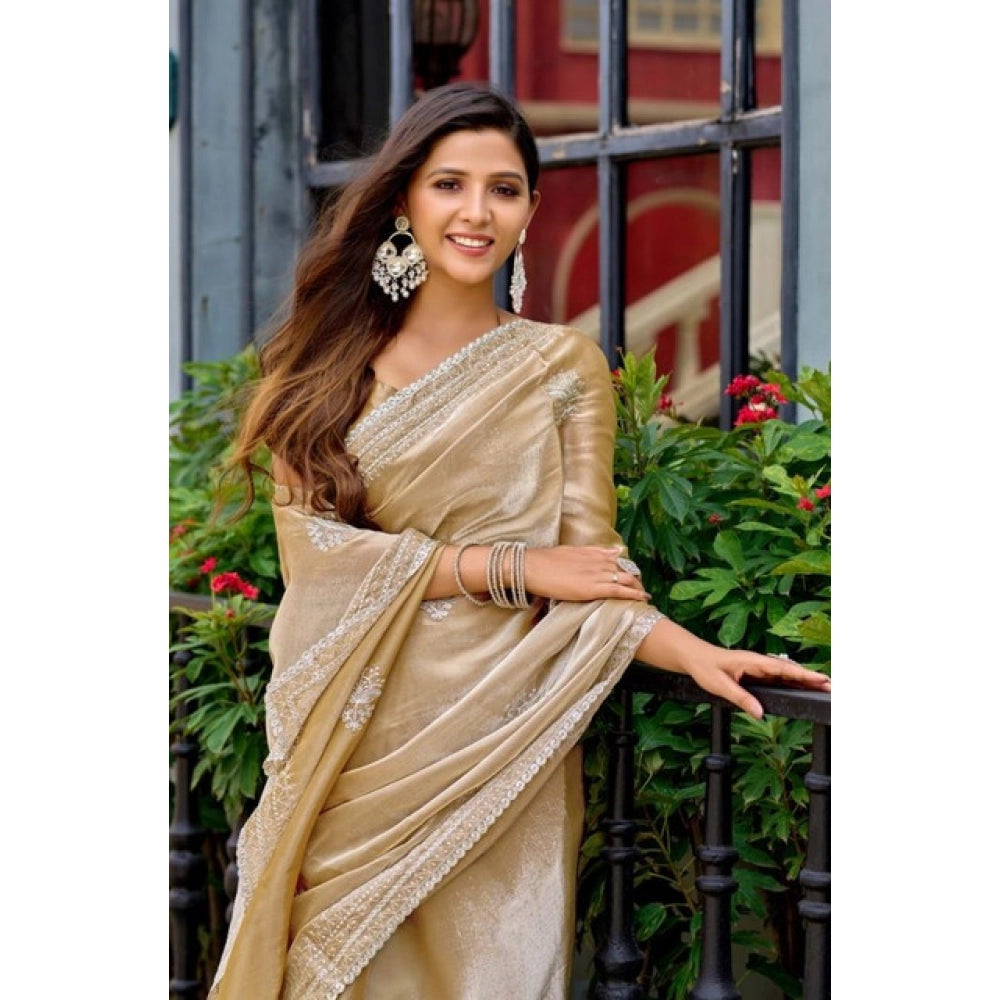 Generic Women's Faux Shimmer Floral Motifs Ready to wear Saree With Unstitched Blouse 5.5Mtr (Beige)