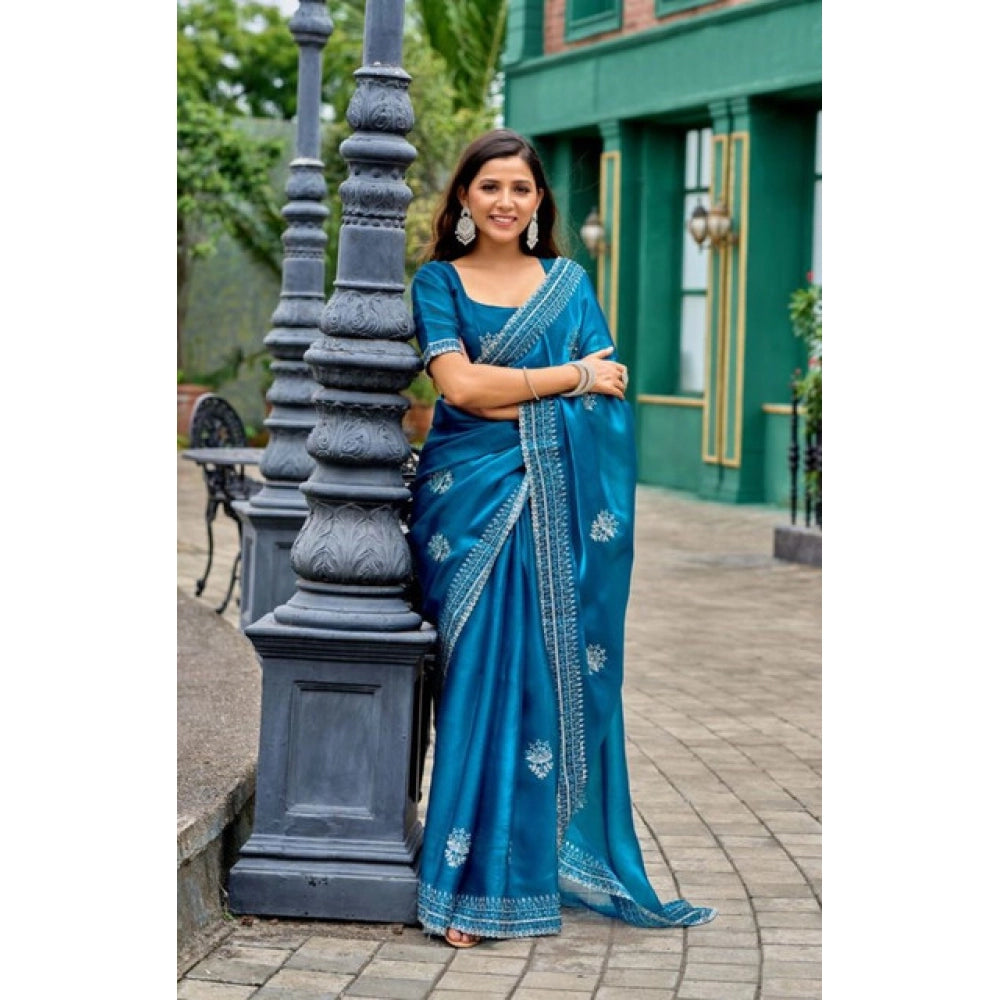Generic Women's Faux Shimmer Motif Ready to wear Saree With Unstitched Blouse 5.5Mtr (Blue)