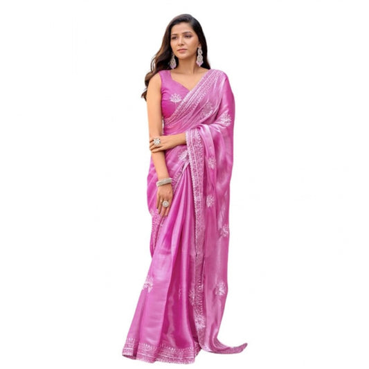 Generic Women's Faux Shimmer Floral Embroidery Ready to wear Saree With Unstitched Blouse 5.5Mtr (LightPink)