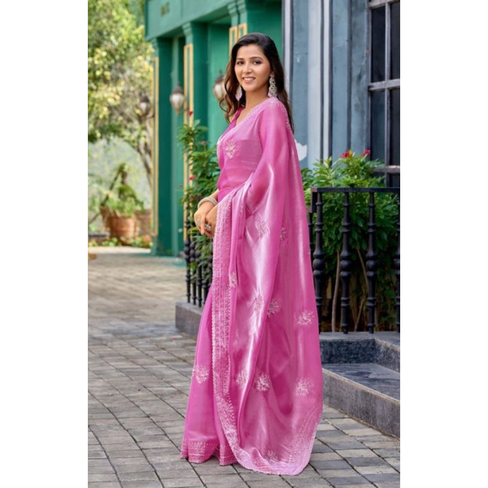 Generic Women's Faux Shimmer Floral Embroidery Ready to wear Saree With Unstitched Blouse 5.5Mtr (LightPink)