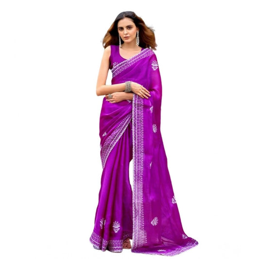 Generic Women's Faux Shimmer Floral Embroidery Ready to wear Saree With Unstitched Blouse 5.5Mtr (Purple)