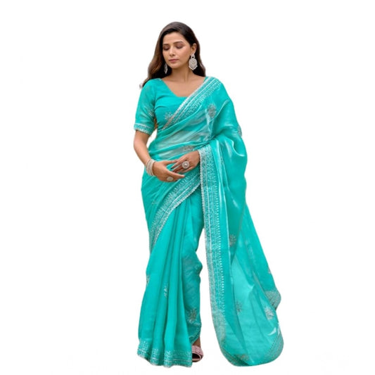 Generic Women's Faux Shimmer Floral Embroidery Ready to wear Saree With Unstitched Blouse 5.5Mtr (Turquoise)