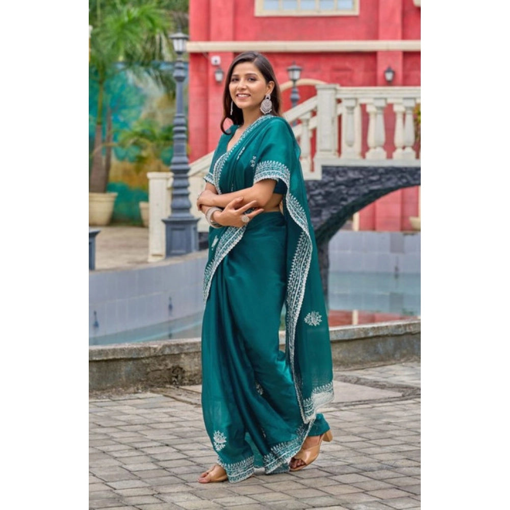 Generic Women's Faux Shimmer Floral Embroidery Ready to wear Saree With Unstitched Blouse 5.5Mtr (Teal)