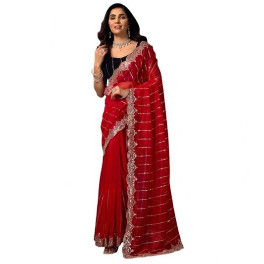 Generic Women's Net Sequence Saree With Unstitched Blouse 5.5Mtr (Red)
