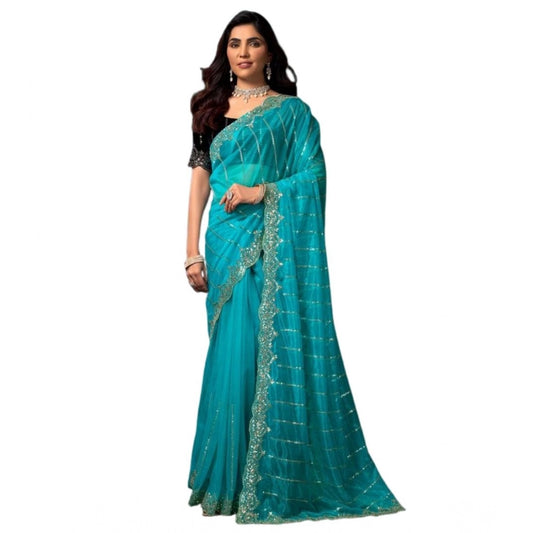 Generic Women's Net Sequence Saree With Unstitched Blouse 5.5Mtr (Turquoise)