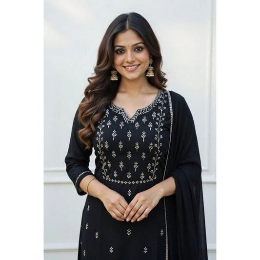 Women's Georgette Ethnic Motif Round 3/4th Sleeve Kurti With Pant Dupatta Set (Black)