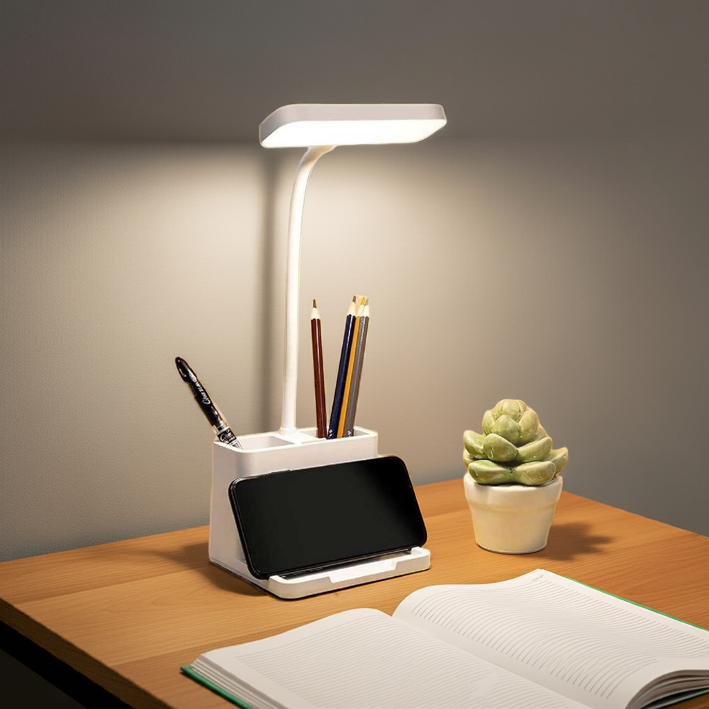 Rechargeable Table Lamp for Study with Phone Holder Flexible Arm Touch Light