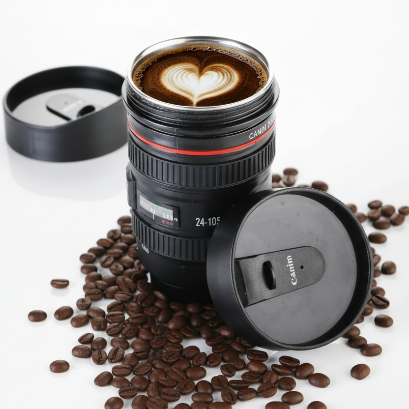 Camera lens mug with a heart-shaped coffee design on a white background with coffee beans.