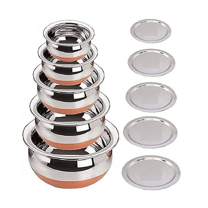 Copper Bottom Steel Handi Set with Lid, Serving Bowl Set