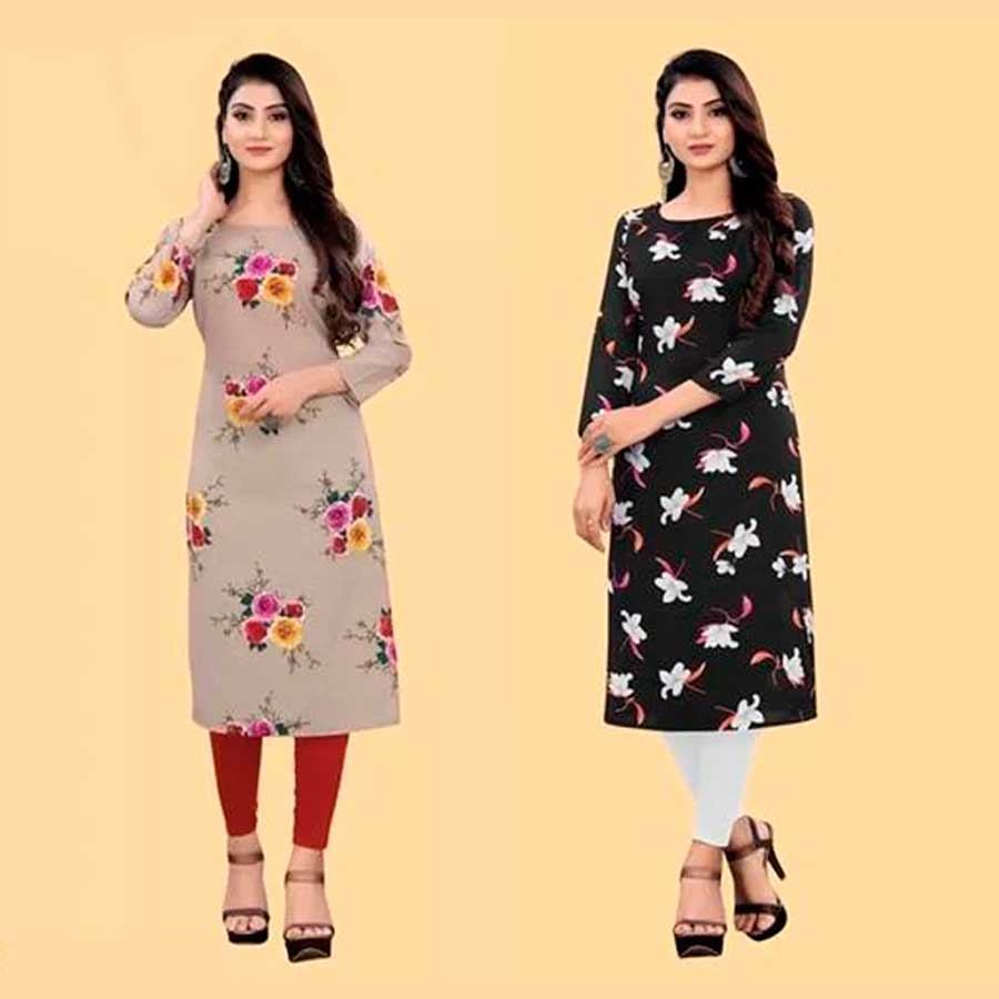 Crepe Printed Kurti for Women (Brown & Black- Pack of 2)