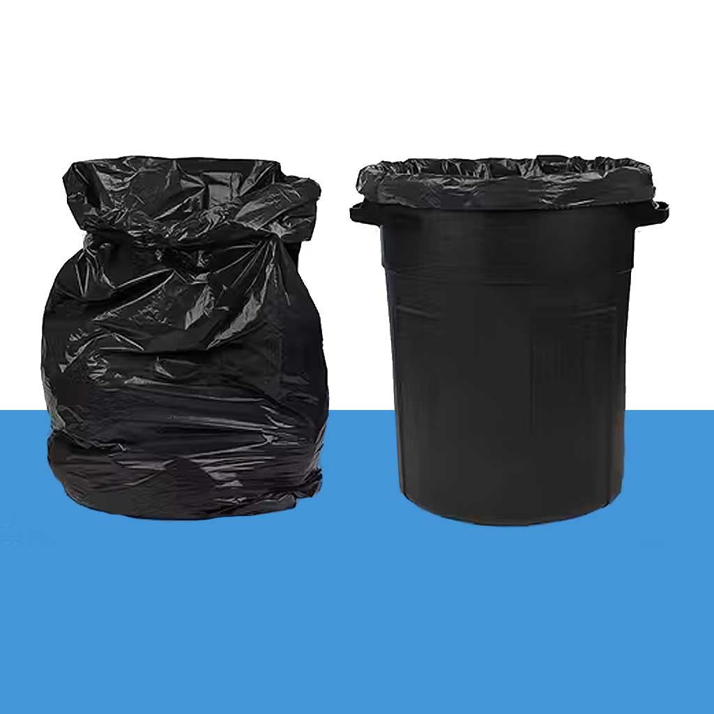 Black trash bag and black trash bin