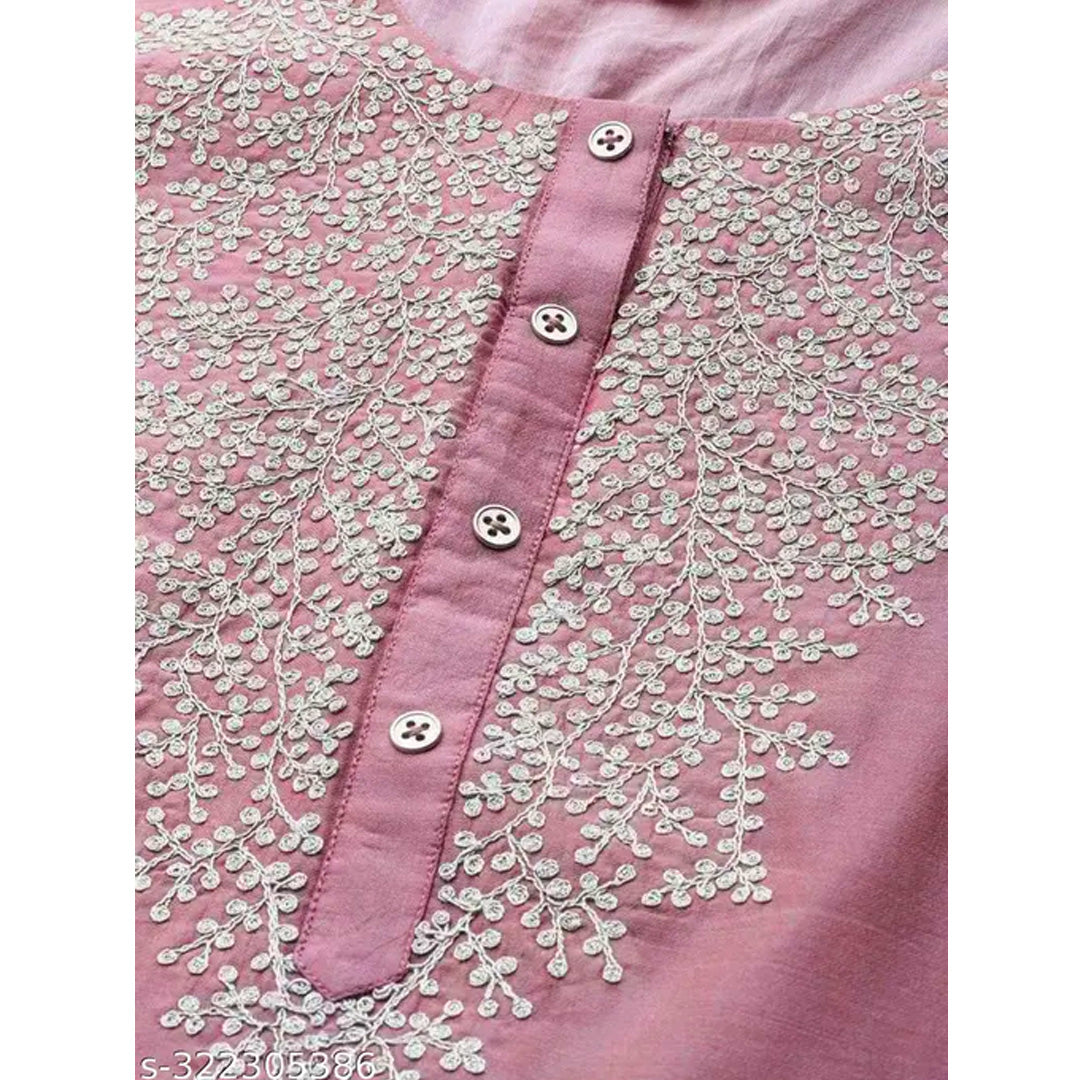 Women Mauve Zari Yoke Design Chanderi Silk Kurta with Trousers & Dupatta