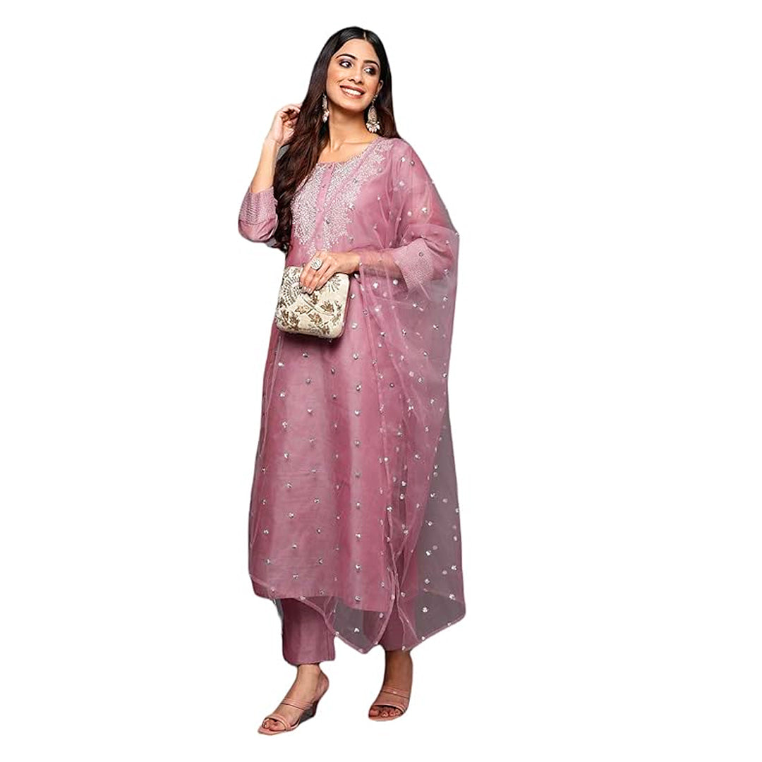Women Mauve Zari Yoke Design Chanderi Silk Kurta with Trousers & Dupatta