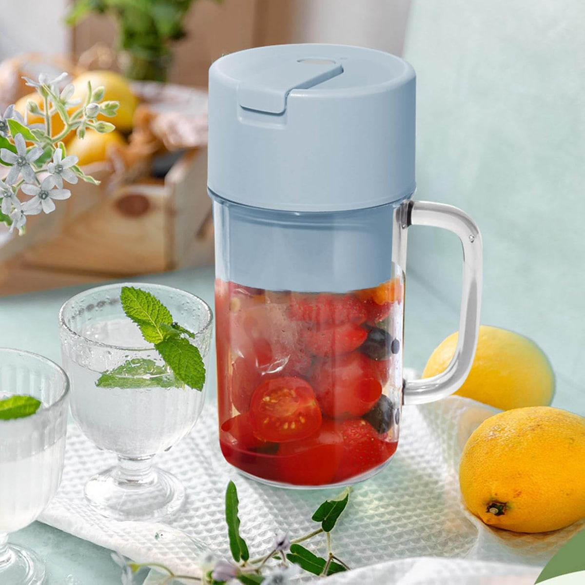 Portable Electric Juicer With Handle Straw Usb Rechargeable 6 Stainless Steel Blades (500 Ml)