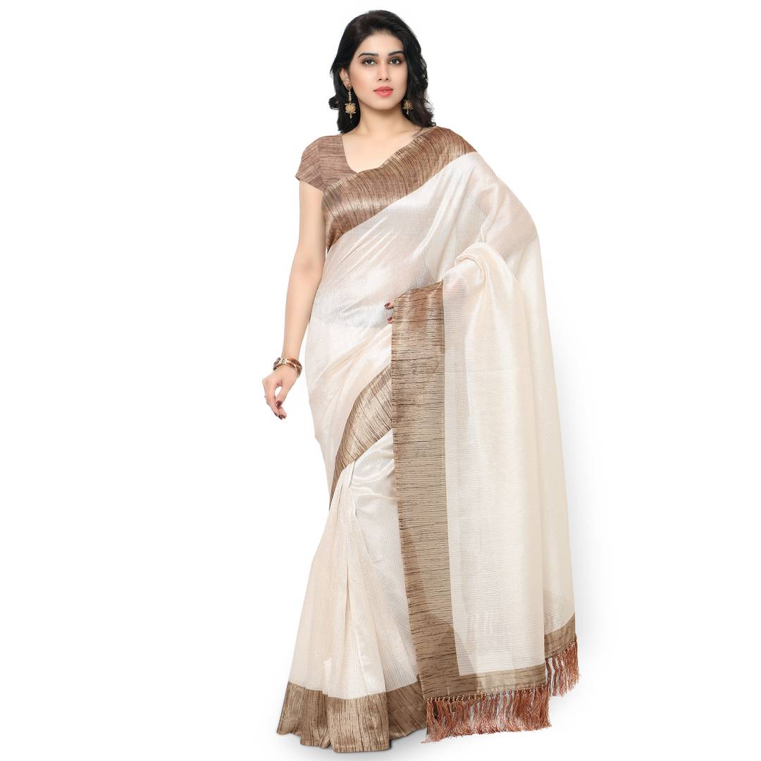 Rajnandini Off White Tussar Silk Plain Traditional Saree