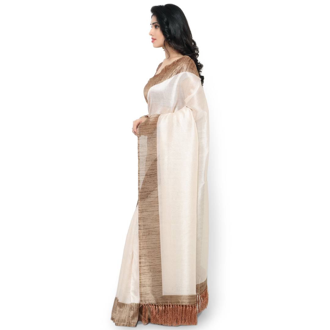 Rajnandini Off White Tussar Silk Plain Traditional Saree
