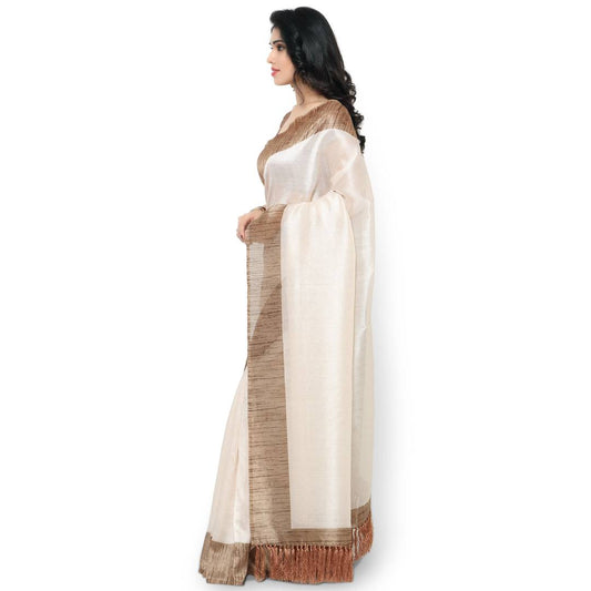 Rajnandini Off White Tussar Silk Plain Traditional Saree