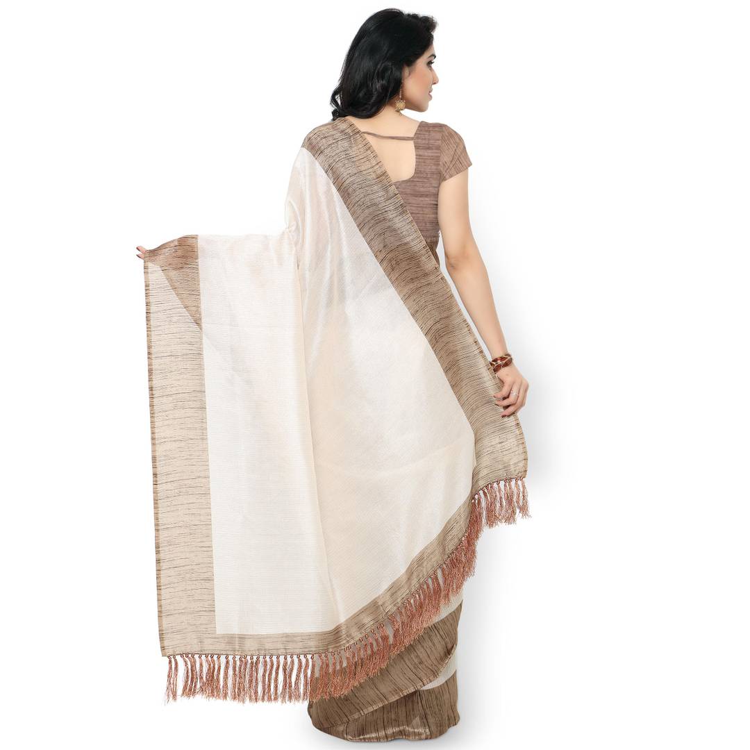 Rajnandini Off White Tussar Silk Plain Traditional Saree