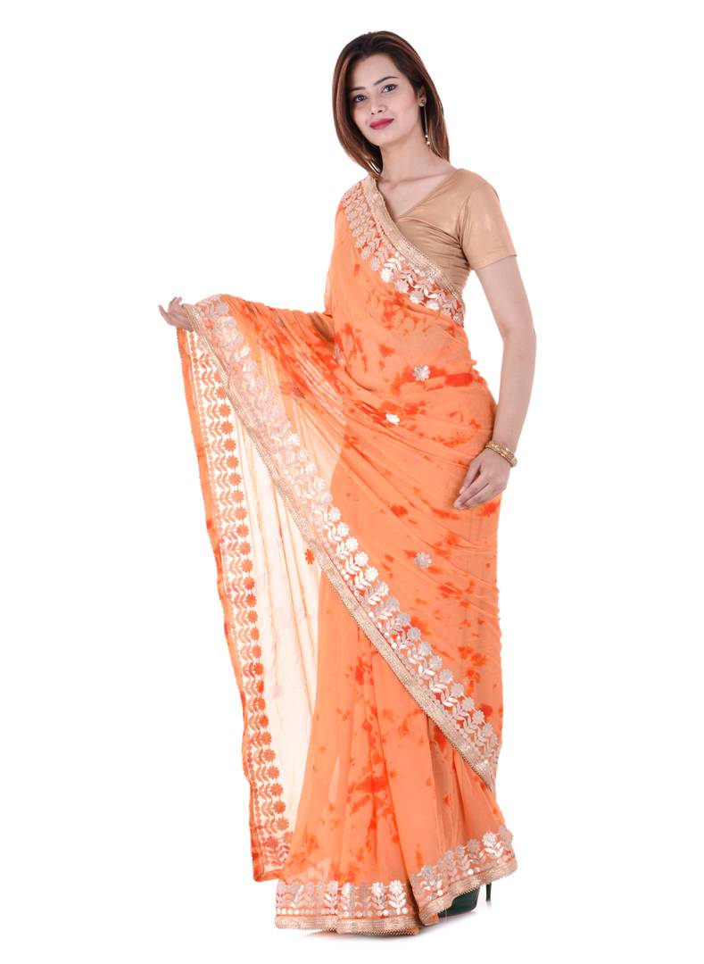 Orange Chiffon Gotta Patti Saree With Blouse Piece
