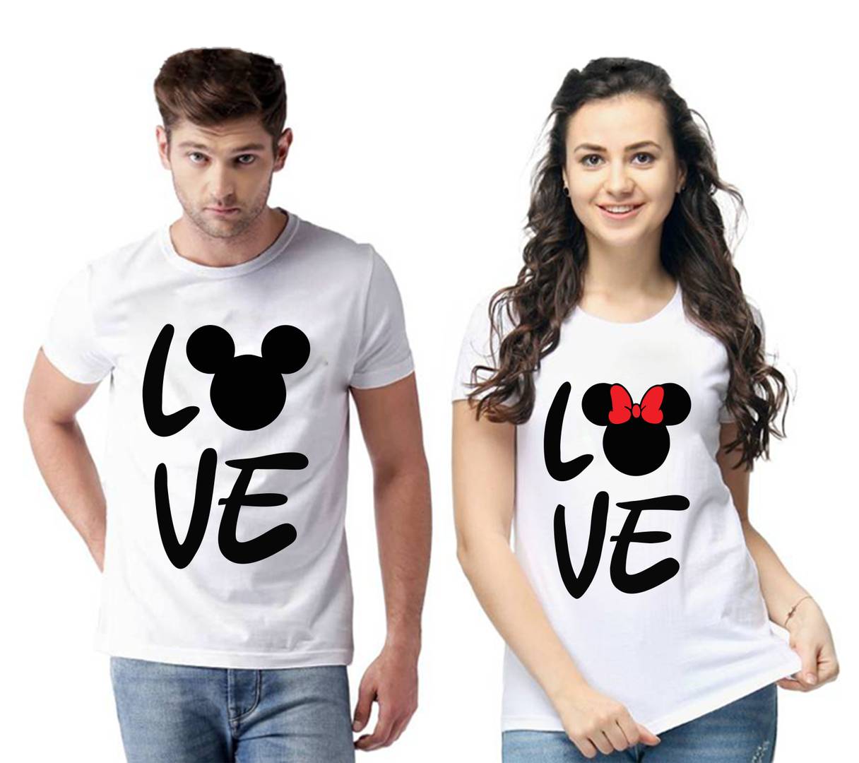White Cotton Blend Round Neck Printed Couple T-Shirts for Men & Women