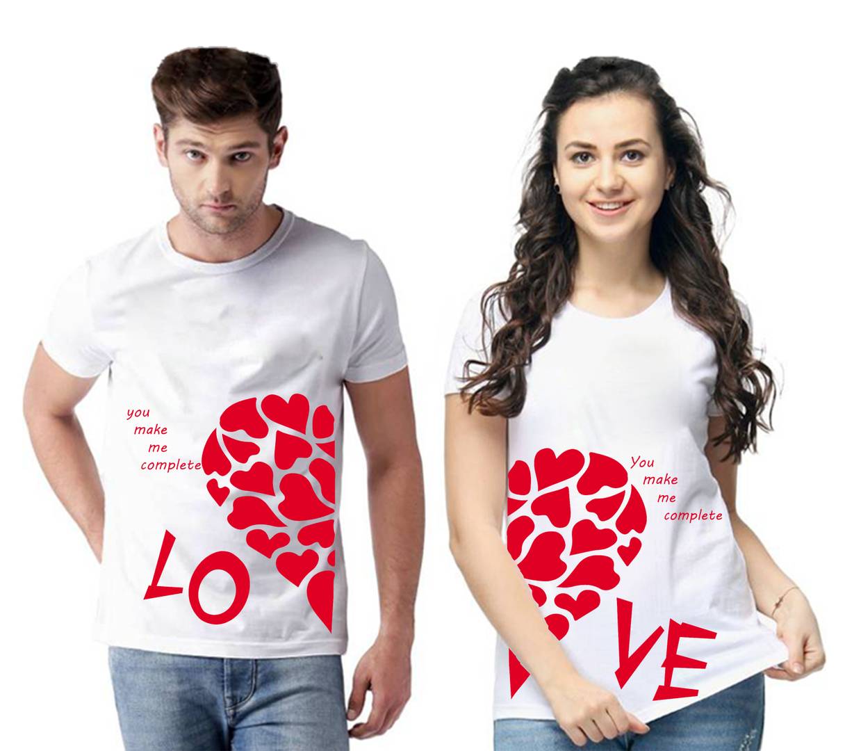 White Cotton Blend Round Neck Printed Couple T-Shirts for Men & Women