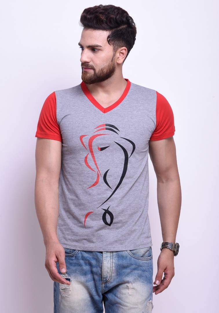 Men Grey Cotton Half Sleeves Printed V Neck Tees