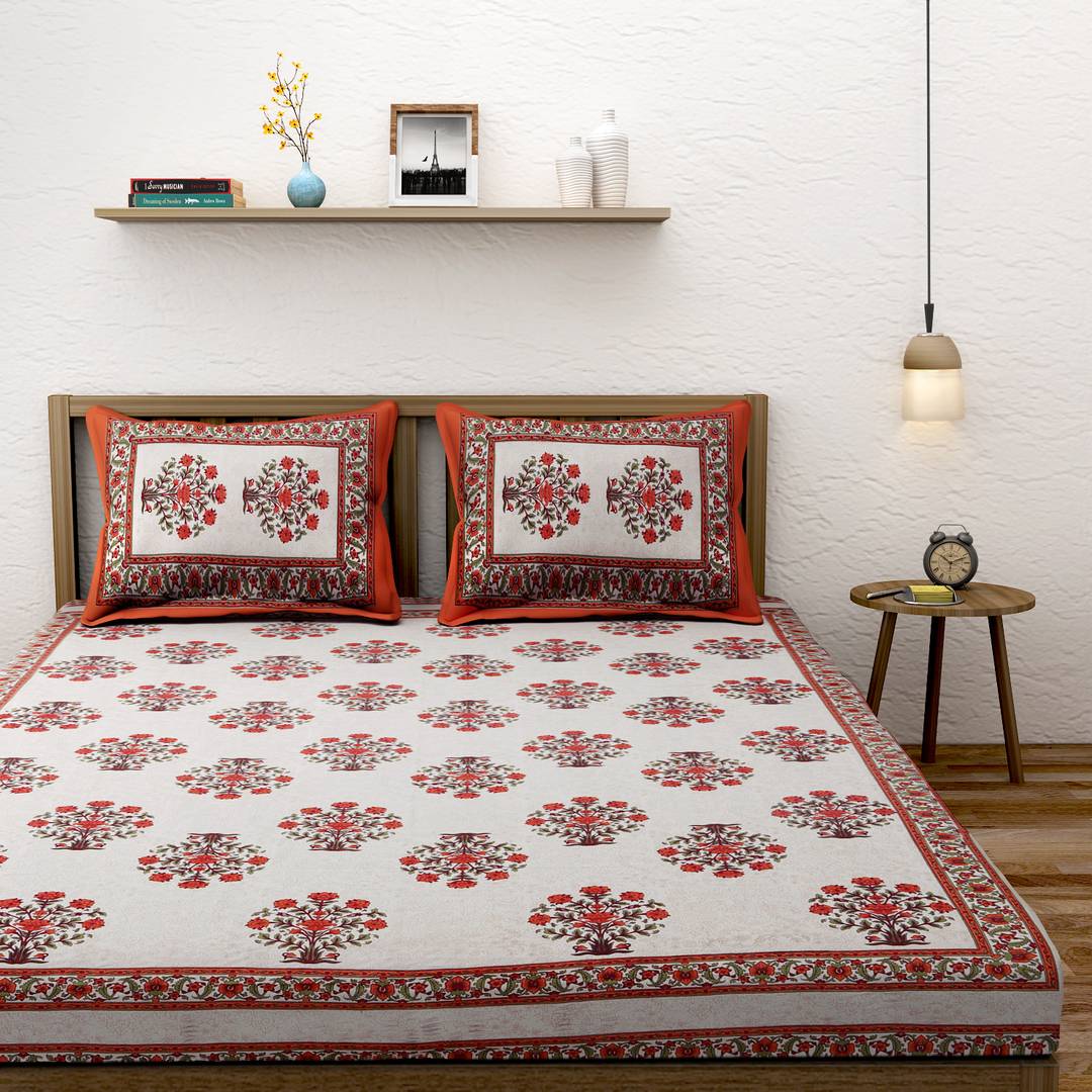Hand Screen Floral King Size Bed Sheet With Two Pillow Covers