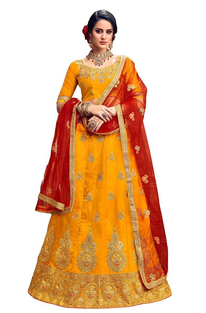 Women's Yellow Embroidered Silk Semi Stitched Lehenga Choli