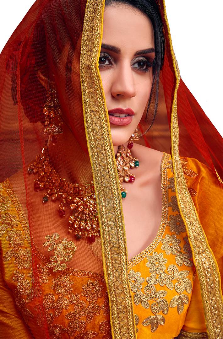 Women's Yellow Embroidered Silk Semi Stitched Lehenga Choli